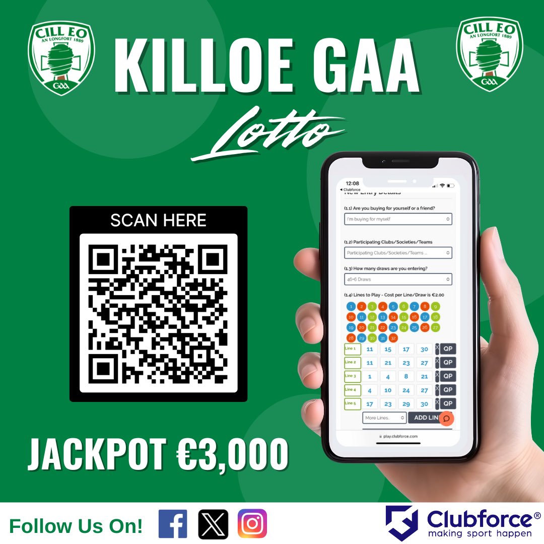 💰 Our €8,000 jackpot was won last Monday – now we’re starting fresh with €3,000 up for grabs!

Play now via Clubforce or scan the QR code 📲
Only €2 per line – support your club! 💚🤍
#KilloeGAA #Lotto #PlayToWin #SupportLocal