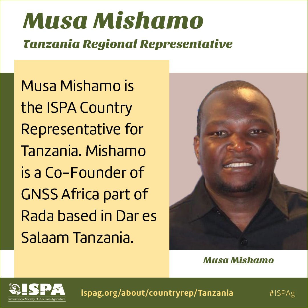 IntSoPA's tweet image. Musa Mishamo is the ISPA Country Representative for Tanzania. Mishamo is a Co-Founder of GNSS Africa part of Rada based in Dar es Salaam Tanzania.
To learn more about Country Representatives, please visit:
ispag.org/about/countryr…
#ISPAg