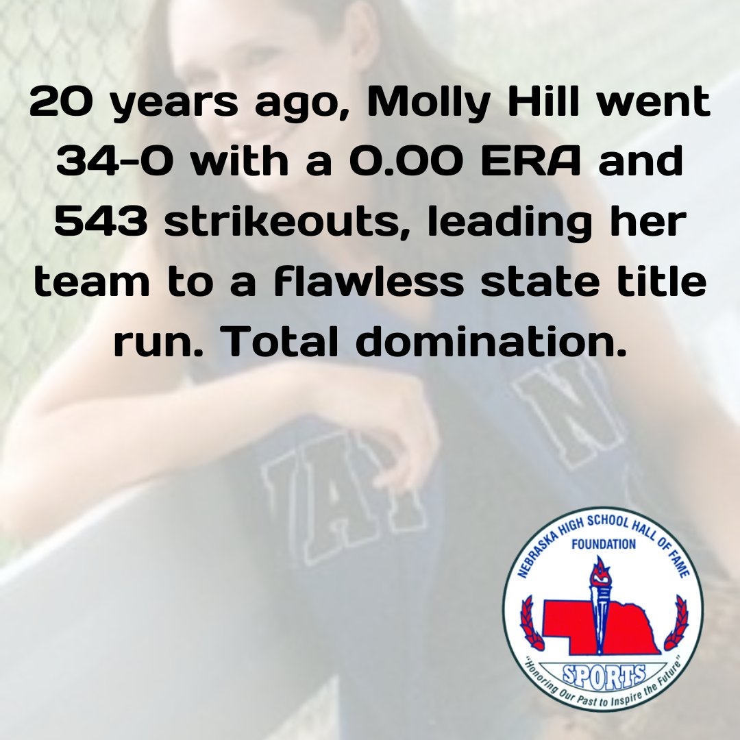 NebHallOfFame's tweet image. #TBT to Molly Hill delivering one of the most dominant performances in Nebraska softball history. Pitching for Wayne High School in 2005, she posted a perfect 34-0 record with 543 strikeouts and and ERA of...0! It’s a record-setting, remarkable achievement that still stands. 🥎