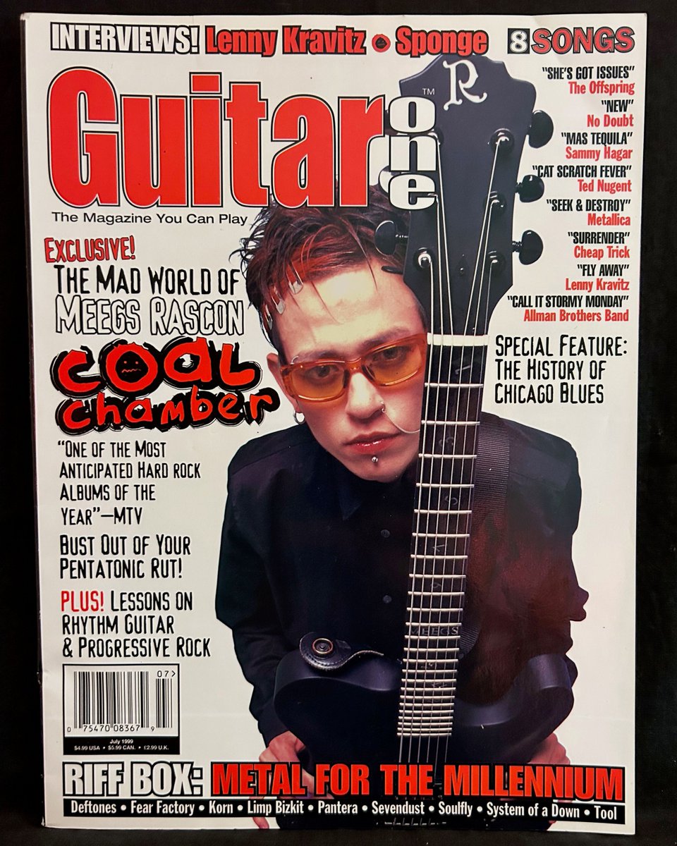 AndyParedesMusi's tweet photo. #GuitarOne #magazine July 1999 - #MeegsRascon of @coalchamber with an @OfficialBCRich, and tabs for #AllmanBrothers, #CheapTrick, #SammyHagar, #LennyKravitz, #Metallica, #NoDoubt, #TedNugent, #OffSpring. https://t.co/EeZnVPXPP1