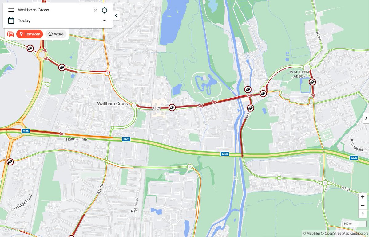 INCIDENT: #WalthamCross #A121  DELAYS in both directions on A121 Eleanor Cross Road between Meridian Way and Monarchs Way - due to an RTC. Emergency services are at the scene. #AvoidTheQ