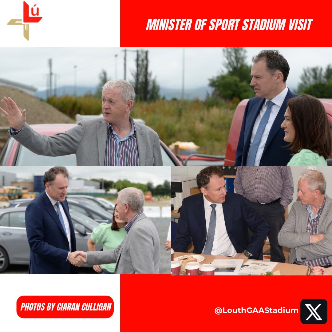 Louth GAA Welcomed Minister Charlie McConalogue to our Stadium Site in Dundalk, today. 🏟️

Our Chairperson Sean McClean, Treasurer Aidan Berrill welcomed Minister for Sport Charlie McConalogue, along with Louth TD Erin McGreehan and Senator Alison Comyn.

✅🔴⚪️