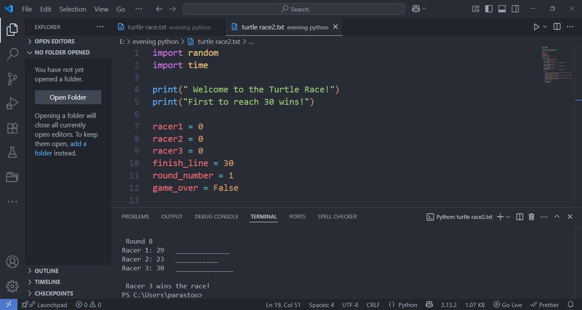 ParastooJa91698's tweet image. I successfully completed the Turtle Race Game project. Coding it was fun and exciting!
#AfghanGirlsCode
 #python 
#programmingmyths 
 #WomenInTech