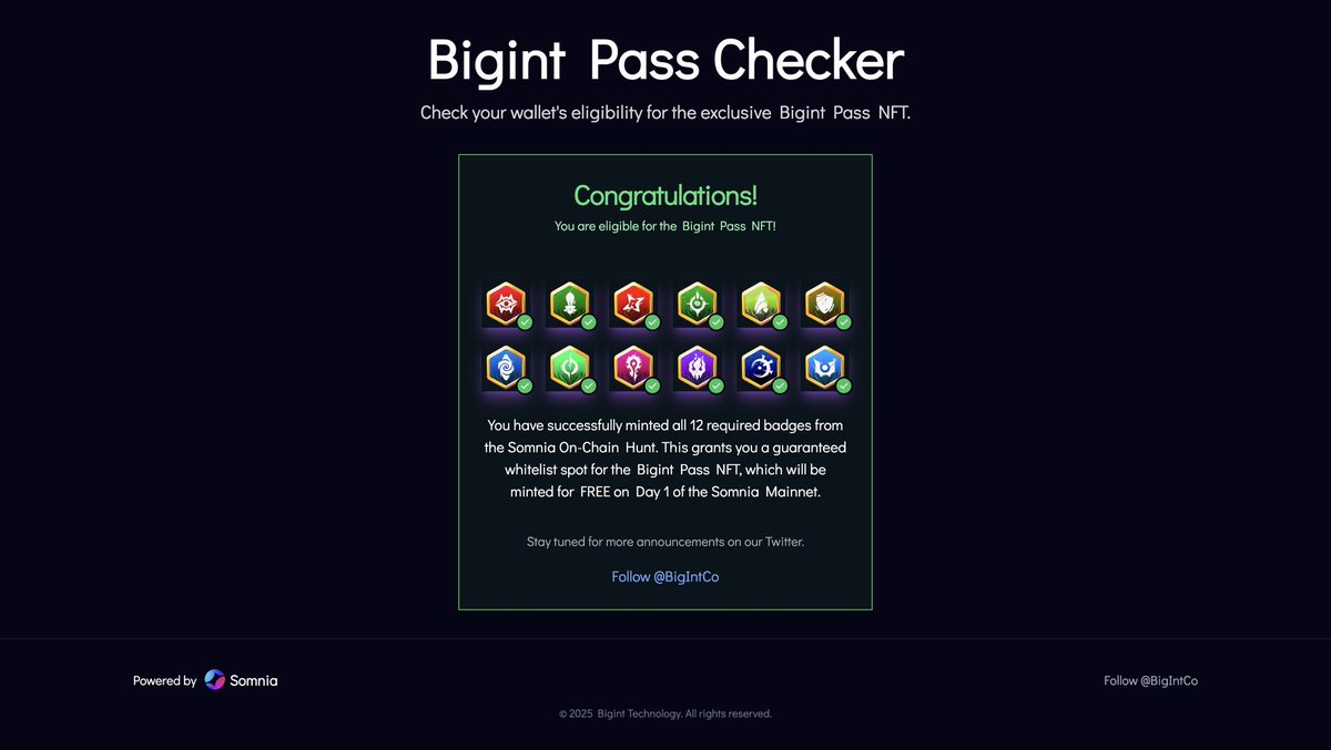genuine1drop's tweet photo. @BigIntCo nft whitelist
If you mint all 12 badges you will qualify Bigint Pass mint will be Somnia mainnet day 1
Checker Page: https://t.co/6sZpYB2Ttk
#BigIntPass #SomniaMainnet #NFTWhitelist #MintBadges #CheckerPage #BigIntCo #BadgeMinting #CryptoCommunity #NFTs #Blockchain https://t.co/jL8i8hAZbc