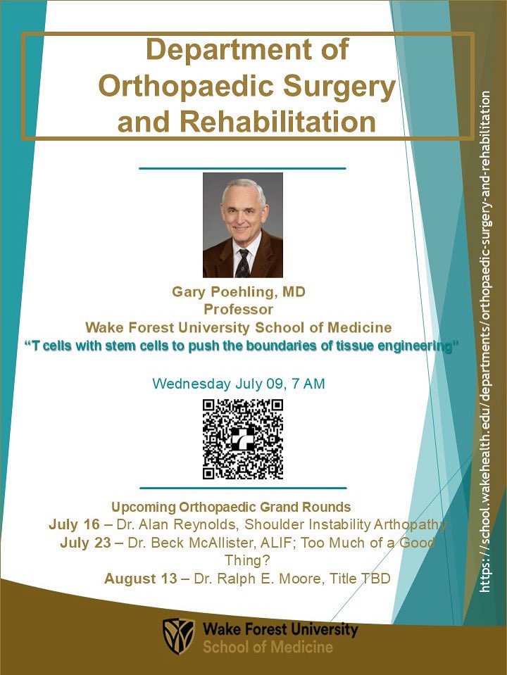 For Grand Rounds this Wednesday, we would like to welcome Gary Poehling. He will be discussing “T Cells with Stem Cells to Push Boundaries of Tissue Engineering”, so tap in via QR Code above, as we are so excited to hear from Dr. Poehling!! #GrandRounds #WFOrtho
