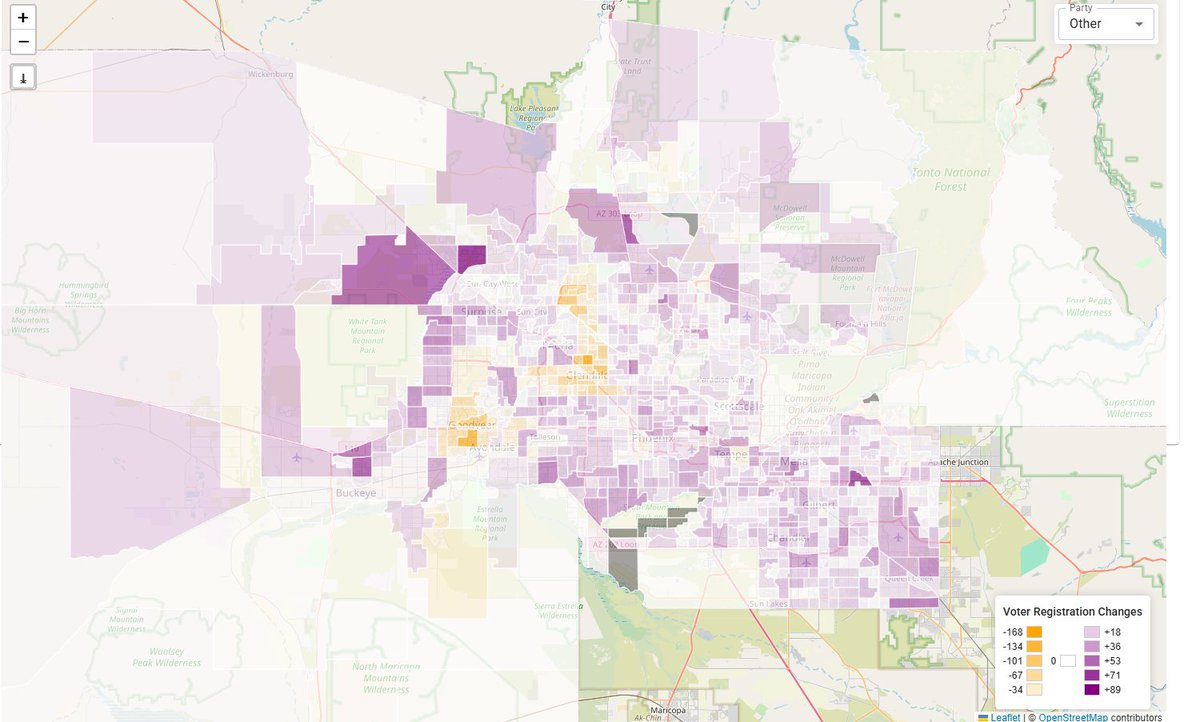 The AZ - abc15 - Data Guru (@garrett_archer) on Twitter photo Voter Registration changes in the past two months in <a href="/maricopacounty/">Maricopa County</a>
REP 🔽2,323
DEM🔽3,455
OTH🔼6,458
Net 🔼744
Most of the decline coming from Glendale & Luke AFB. Nominal growth concentrated in the far west valley. Voter Registration changes in the past two months in <a href="/maricopacounty/">Maricopa County</a>
REP 🔽2,323
DEM🔽3,455
OTH🔼6,458
Net 🔼744
Most of the decline coming from Glendale & Luke AFB. Nominal growth concentrated in the far west valley.