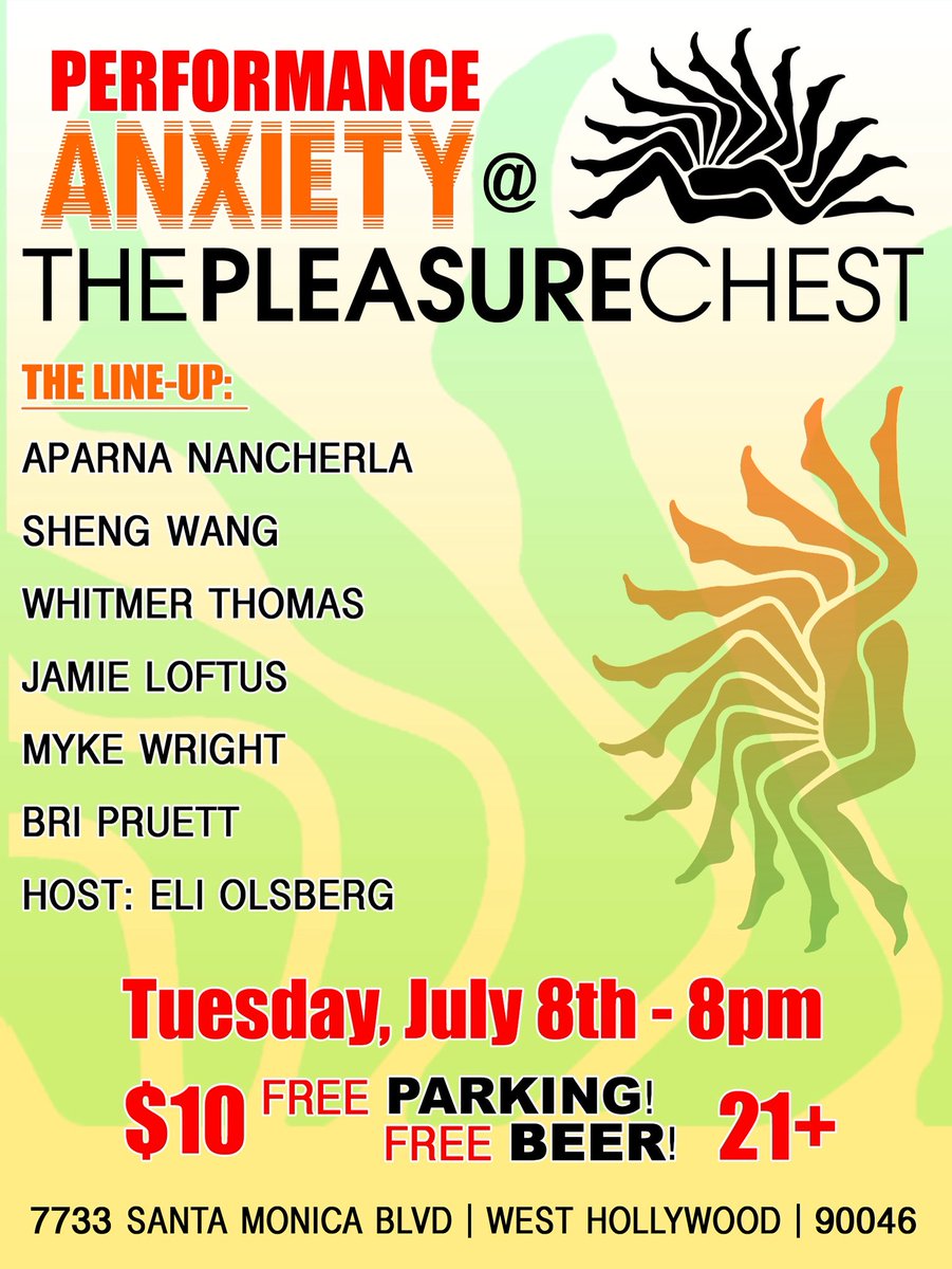 PerformAnxiety's tweet image. TONIGHT! Come to @PleasureChestLA 8pm to see Aparna Nancherla, @shengwangtime, @WhitmerThomas, @jamieloftusHELP, Myke Wright, @bripruett @EliOlsberg free beer, free parking, 15% off any in-store purchases! Get tix here: eventbrite.com/e/performance-…