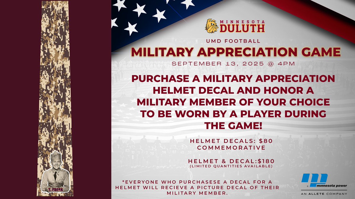 UMDBulldogs's tweet image. Order Your UMD Football Military Appreciation Helmet Decals TODAY! 🇺🇸
Deadline to order is August 5th.
Order today: umdbulldogs.com/militaryhelmets