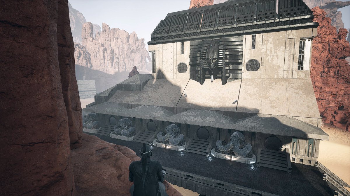 CornuUni's tweet photo. Worm Temple slowly coming together ⛪️ 

Most important part is done. Space for both flying vehicles from roof. Now second half is to organize the bottom section and finish the rest of buildings with lots of ritual tables 🪱🙏

#DuneAwakening @DuneAwakening @igmiro #ForTheWorm https://t.co/8YyetMGnxy