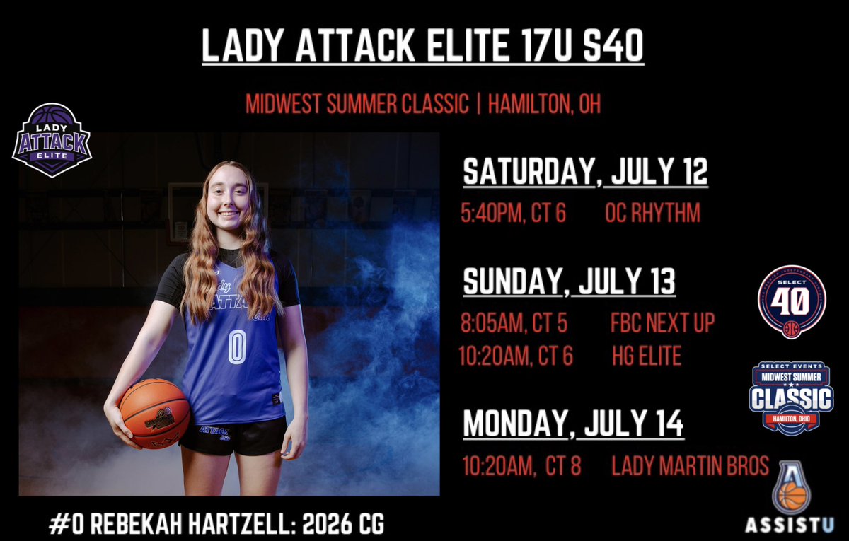 Rebekah Hartzell (@bekah_hartzell) on Twitter photo KY --> OH‼️Coaches, I will be at <a href="/SelectEventsBB/">Select Events Basketball</a> S40 Session II (July 12-14) with <a href="/LAE2026/">Lady Attack Elite National 17U - 2026</a>... Here is my schedule ⬇️ KY --> OH‼️Coaches, I will be at <a href="/SelectEventsBB/">Select Events Basketball</a> S40 Session II (July 12-14) with <a href="/LAE2026/">Lady Attack Elite National 17U - 2026</a>... Here is my schedule ⬇️
