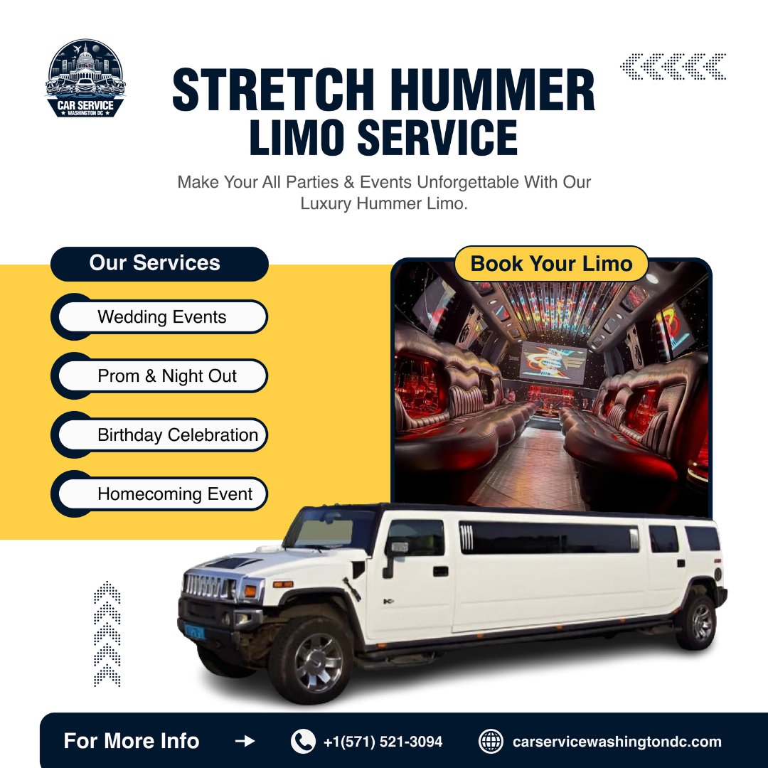 CarServiceWDC's tweet image. Stretch Hummer Limo Service With Car Service Washington DC
Book now :(571)521-3094
Call us today online at :carservicewashingtondc.com
#hummerlimo #LuxuryRides #carservicewashington #VIPExperience #limolife #dcevents #partyinstyle #carservice #RideInStyle