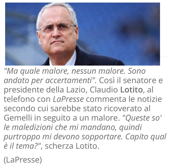 BOBOROCK CITTADINO EUROPEO (@boborock55) on Twitter photo #Lazio #8luglio <a href="/SSLazioOrg/">Società Sportiva Lazio</a>
Mai 'na gioia pe i laziali dopo il blocco der mercato e le continue gufate su #Lotito ...je dice male è ricoverato al Gemelli ma solo per per accertamenti😂😂😂 #Lazio #8luglio <a href="/SSLazioOrg/">Società Sportiva Lazio</a>
Mai 'na gioia pe i laziali dopo il blocco der mercato e le continue gufate su #Lotito ...je dice male è ricoverato al Gemelli ma solo per per accertamenti😂😂😂