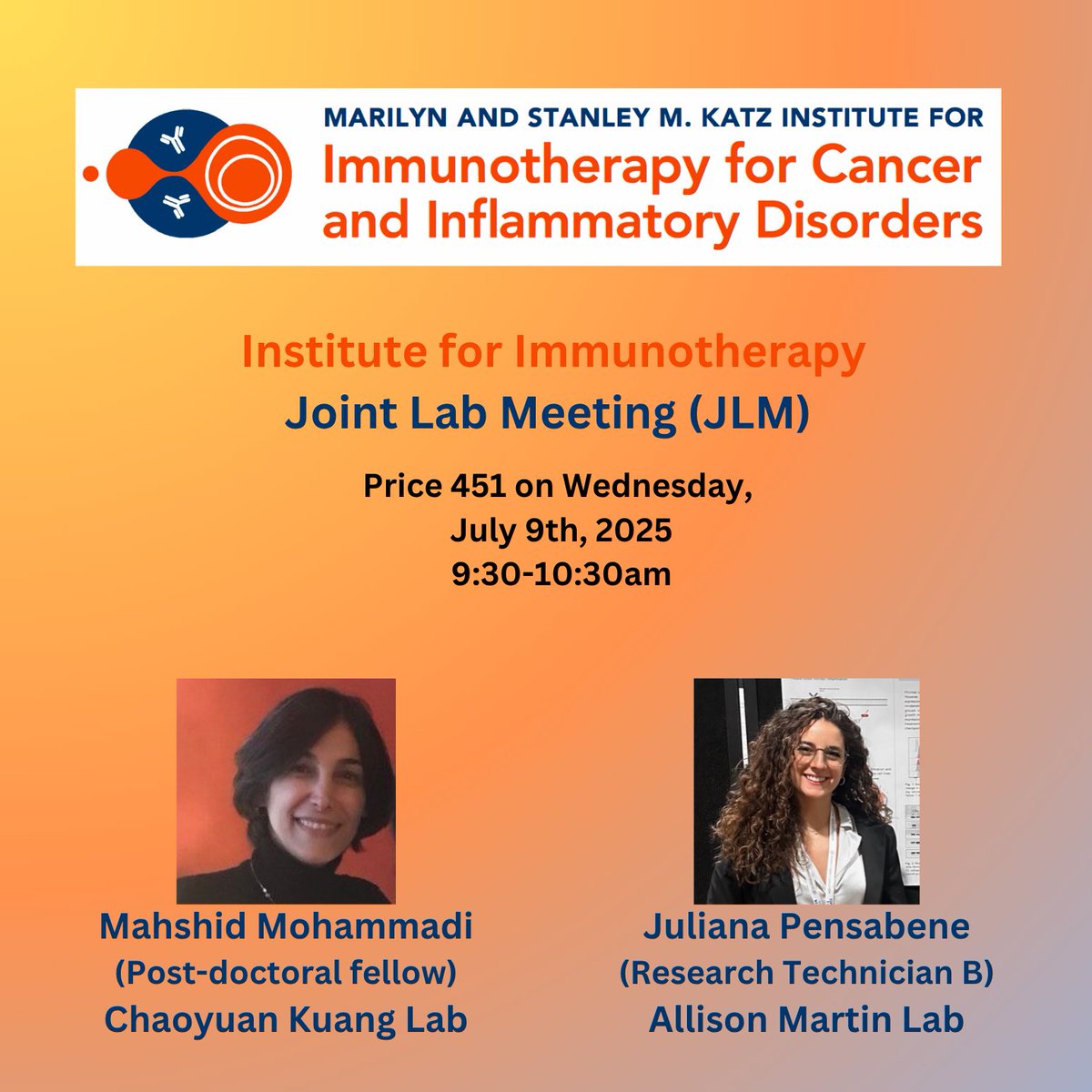 Katz Institute for Immunotherapy (@ifi_einstein) on Twitter photo Join us for IFI-JLM Scientific Session
📅 Date: July 9th
📷 Featured Topics: #ImmuneCheckpoints #CancerResearch
🎤 Presenters: Mahshid Mohammadi (Chaoyuan Kuang Lab) & Juliana Pensabene (Allison Martin Lab)
<a href="/EinsteinPhD/">EinsteinPhD</a>
<a href="/ae_cancercenter/">ME Cancer Center</a>
<a href="/EinsteinMSTP/">EinsteinMSTP</a>
<a href="/EinsteinMed/">Albert Einstein College of Medicine - Official</a>
<a href="/MontefioreNYC/">Montefiore Health System</a> Join us for IFI-JLM Scientific Session
📅 Date: July 9th
📷 Featured Topics: #ImmuneCheckpoints #CancerResearch
🎤 Presenters: Mahshid Mohammadi (Chaoyuan Kuang Lab) & Juliana Pensabene (Allison Martin Lab)
<a href="/EinsteinPhD/">EinsteinPhD</a>
<a href="/ae_cancercenter/">ME Cancer Center</a>
<a href="/EinsteinMSTP/">EinsteinMSTP</a>
<a href="/EinsteinMed/">Albert Einstein College of Medicine - Official</a>
<a href="/MontefioreNYC/">Montefiore Health System</a>