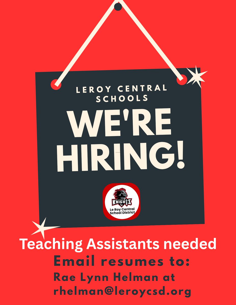 LeRoy_CSD's tweet image. LCSD is looking for Teaching Assistants for the 2025-26 school year.