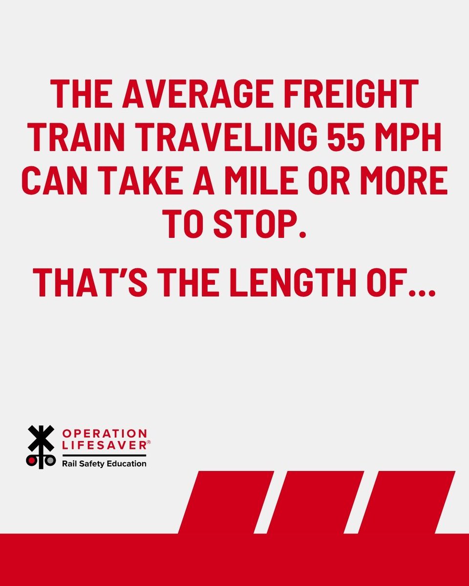 olinational's tweet image. Did you know the average freight train traveling 55 miles per hour can take a mile or more to stop? That’s the length of 18 football fields.
Only trains belong on the tracks.
#STOPTrackTragedies
#RailSafetyEducation