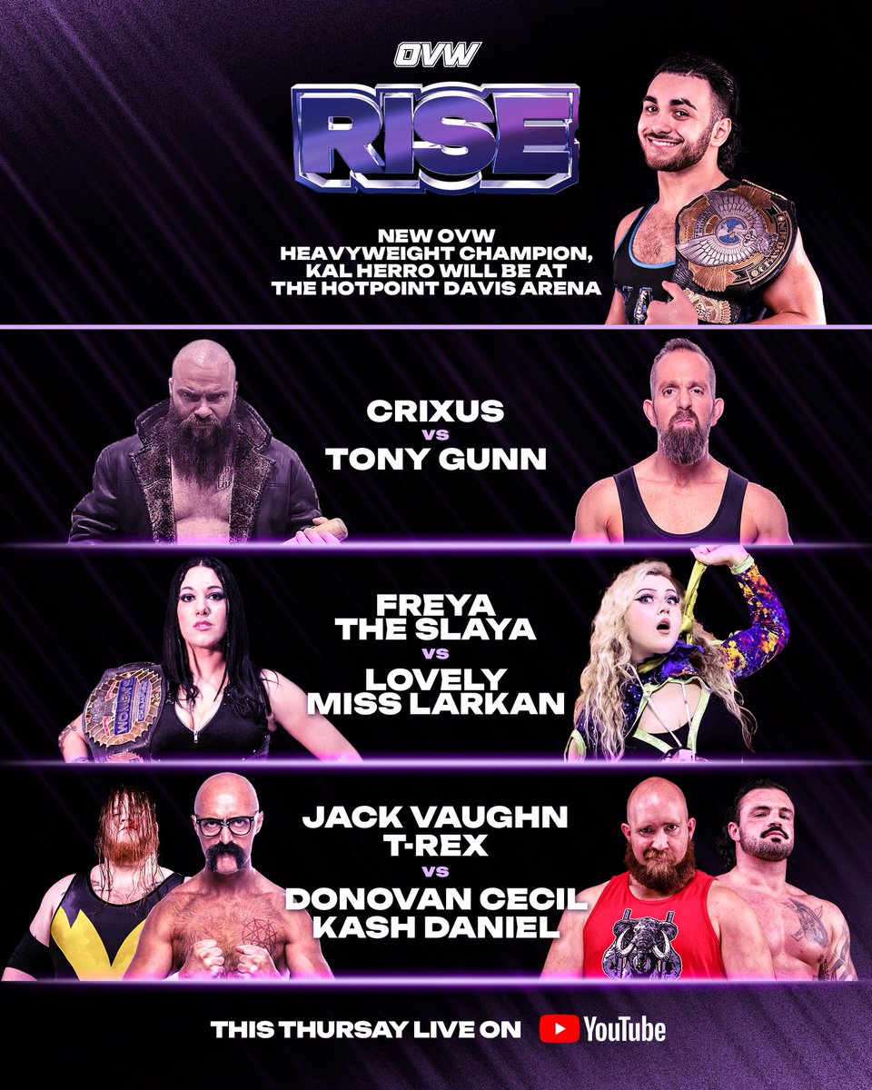 THURSDAY! It’s an OVW RISE that you won’t want to miss and it’s going down LIVE inside the historic HOTPOINT DAVIS ARENA!

Secure your spot - OVWTix.com
