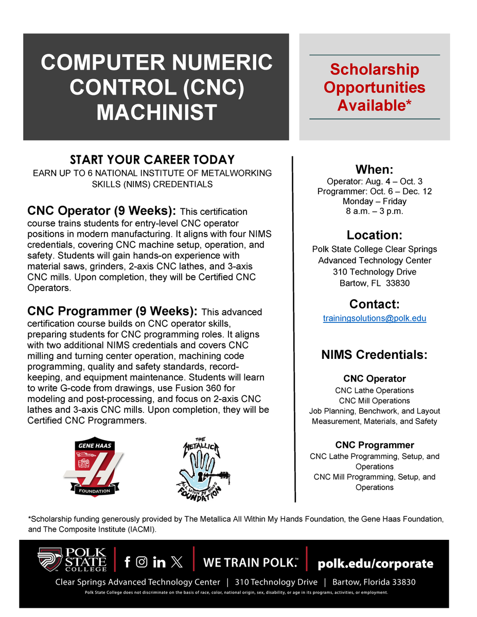 PolkStateCorp's tweet photo. Computer Numeric Control (CNC) Machinist classes starting soon!

CNC Operator starts Aug 4
CNC Programmer starts Oct 6

Earn up to 6 National Institute for Metalworking Skills (NIMS) certifications!
Register @ https://t.co/C065i4V6QQ
#CNC #NIMS #AdvancedManufacturing #WeTrainPolk https://t.co/W4qpqiryeU