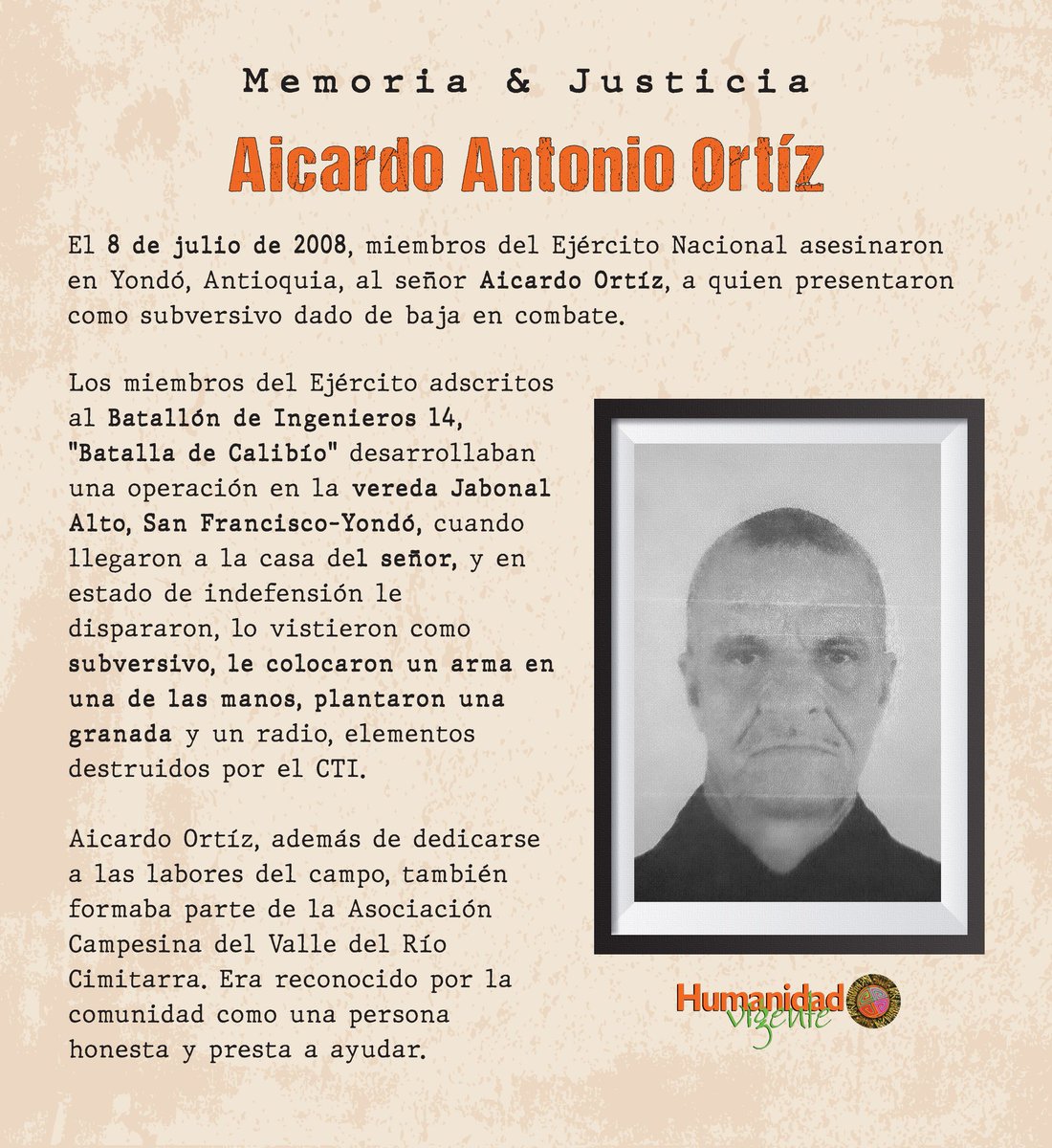 Humanidad Vigente (@humanidadvigent) on Twitter photo #Memoria En 2008 Aicardo Ortíz fue asesinado y presentado como subversivo por miembros del Batallón de Ingenieros 14-Batalla de Calibío
En 2015 se condenó la Nación y en 2017 se ratificó. En 2025 <a href="/mindefensa/">Mindefensa</a> no priorizó el Acto de Responsabilidad del Estado y lo aplazó #Justicia #Memoria En 2008 Aicardo Ortíz fue asesinado y presentado como subversivo por miembros del Batallón de Ingenieros 14-Batalla de Calibío
En 2015 se condenó la Nación y en 2017 se ratificó. En 2025 <a href="/mindefensa/">Mindefensa</a> no priorizó el Acto de Responsabilidad del Estado y lo aplazó #Justicia