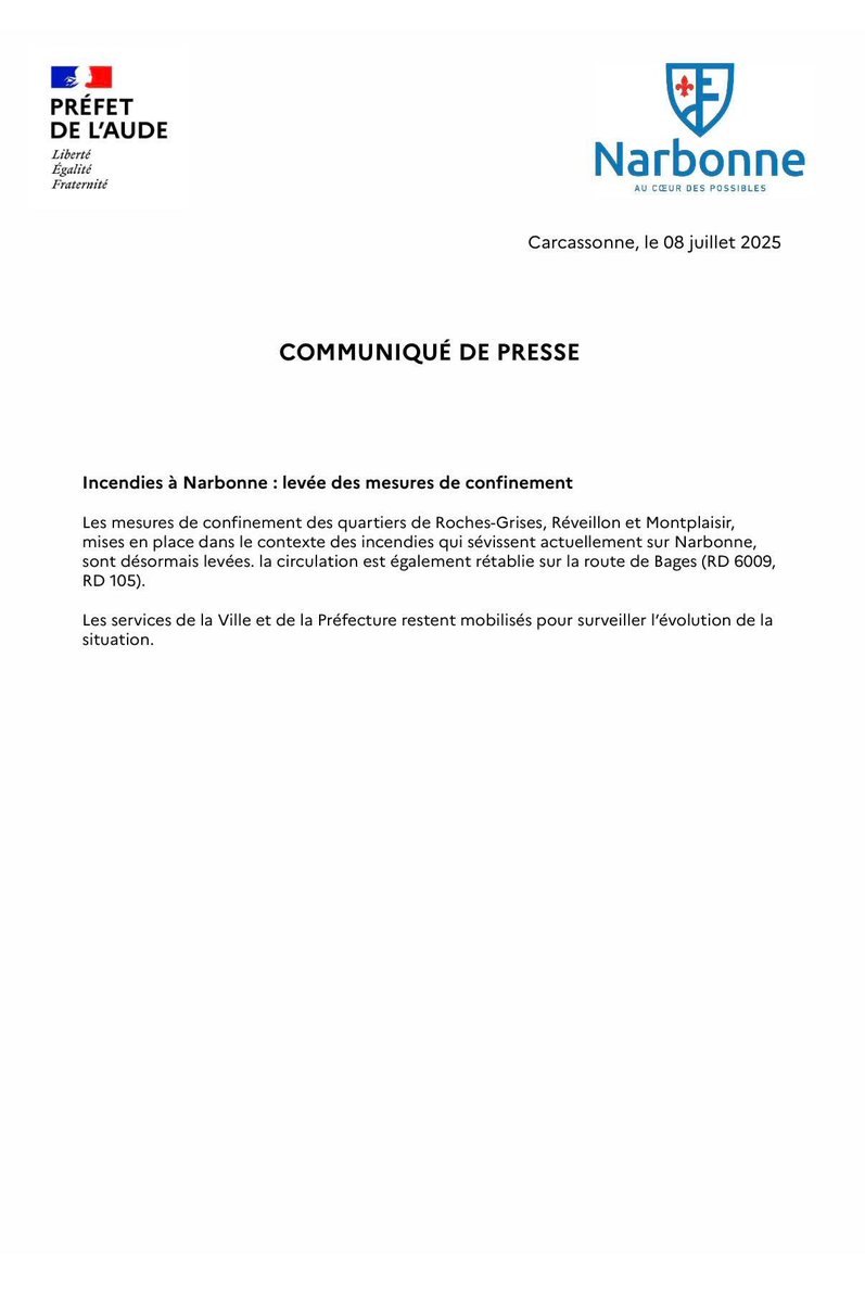 🔥🚒 INCENDIES SUR LA COMMUNE DE NARBONNE
 
➡️ Les quartiers de Roches-Grises, Réveillon et Montplaisir sont déconfinés.
➡️ La circulation en direction de Bages sur les RD 6009 et 105 est rétablie.

⚠️🔥 Le feu est toujours actif. Pour votre sécurité et celle des