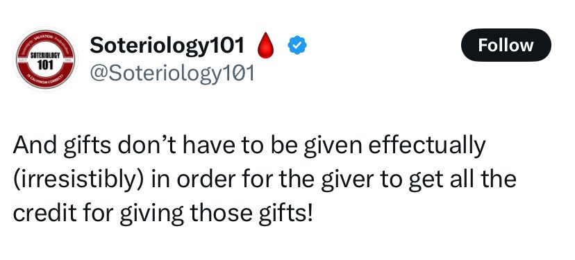 ThugLifeSproul's tweet image. Objectively false. Once again.
The ONLY way the receiver doesn’t get credit is if it is 100% an effectual act of the giver. If the gift is only made effectual by the receivers response the receiver gets at least partial credit.
This isn’t difficult to grasp unless you want it…