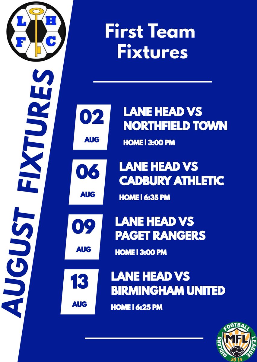 Lane Head FC (@laneheadfc1) on Twitter photo 📅 The wait is over — our first four fixtures are out! We’re ready to kick off the season strong. Let the countdown begin! ⚽💪
<a href="/MidlandLeague/">Capelli Sport Midland Football League</a> 📅 The wait is over — our first four fixtures are out! We’re ready to kick off the season strong. Let the countdown begin! ⚽💪
<a href="/MidlandLeague/">Capelli Sport Midland Football League</a>