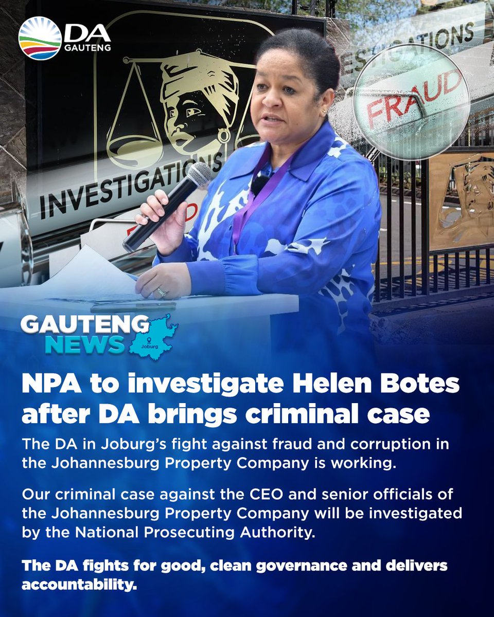 🚨⚖️ Helen Botes and all Johannesburg officials involved in any criminal activities must face the full force of the law. The criminal case we have opened against the CEO of Johannesburg Property Company (JPC) and other senior JPC officials has been referred to the Directorate for