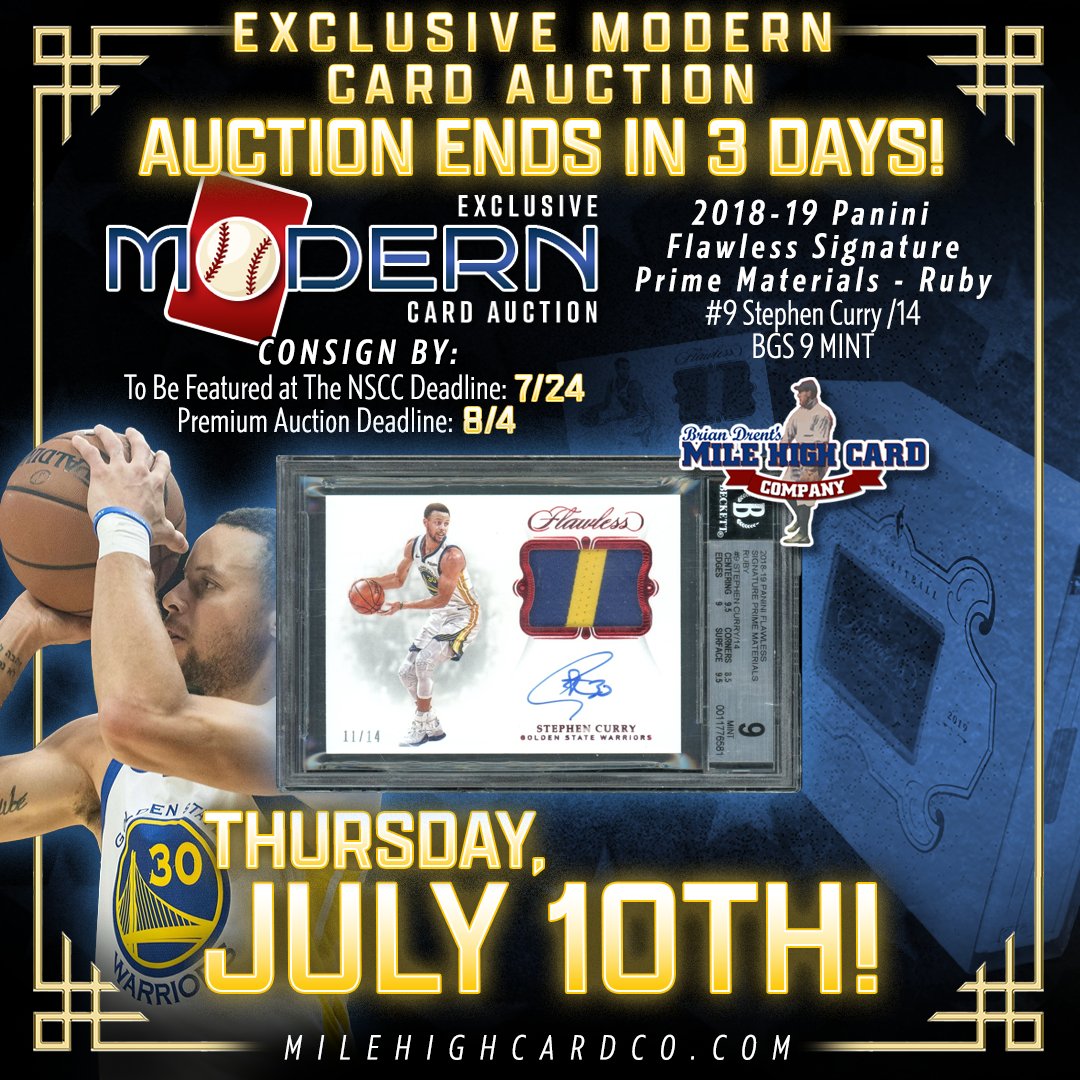 milehighcard's tweet image. π¨ 3 DAYS LEFT! π¨
βΌοΈ ENDS JULY 10TH! βΌοΈ
As the Exclusive Modern Card Auction winds down, donβt miss this ELITE gem: A high-grade 2018-19 Panini Flawless Signature Prime Materials - Ruby #9 Stephen Curry /14 graded BGS 9 MINT! ππ
π¨ BID NOW! π¨
tinyurl.com/2018curryBGS
#MHCC