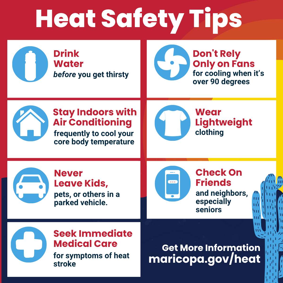 Temperatures are climbing fast and so is the risk for heat-related illness.
Take steps to protect yourself:
🚫 Avoid long periods outside
💧 Stay hydrated 
🏠 Stay indoors during peak heat

Tips: 
🔗 maricopa.gov/ready | maricopa.gov/heat