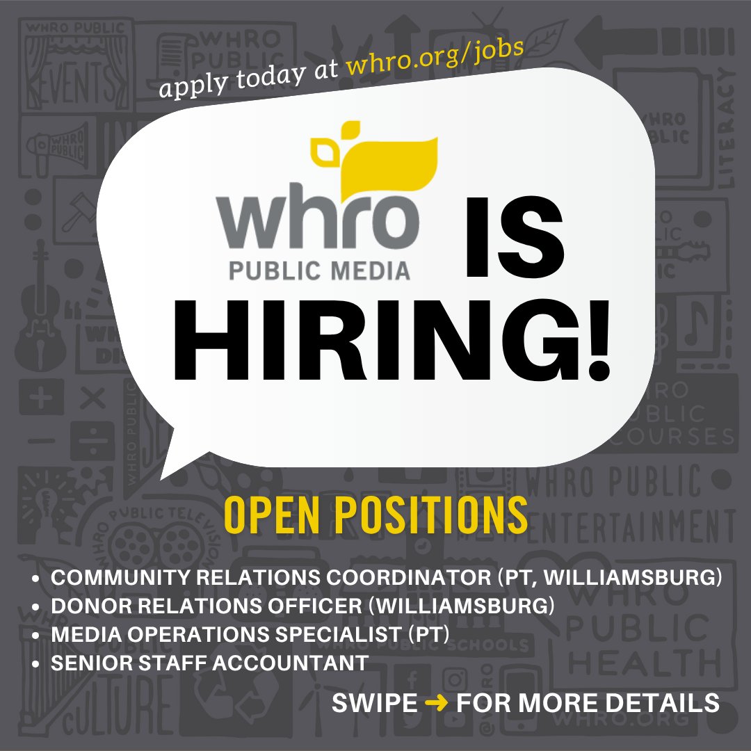 WE'RE HIRING 📢

Join the WHRO Public Media fam and fill our open positions!

Know someone who'd be perfect for one of these jobs? Tag them in the comments ⬇️

#NowHiring #757Jobs #PublicMediaJobs