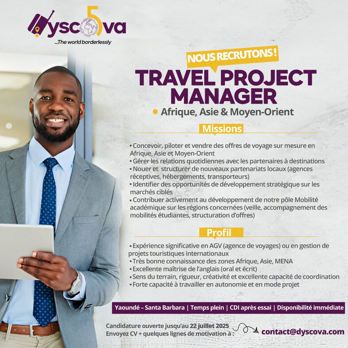 Dyscova_'s tweet photo. 🚨 [RECRUTEMENT CHEZ DYSCOVA] 🚨
Nous avons de l’ambition. Et nous avons besoin de talents pour aller plus loin.

Pour accompagner notre croissance, renforcer nos pôles Tourisme international et soutenir notre nouveau projet Mobilité académique, Dyscova  recrute https://t.co/AvNvLqpI3t