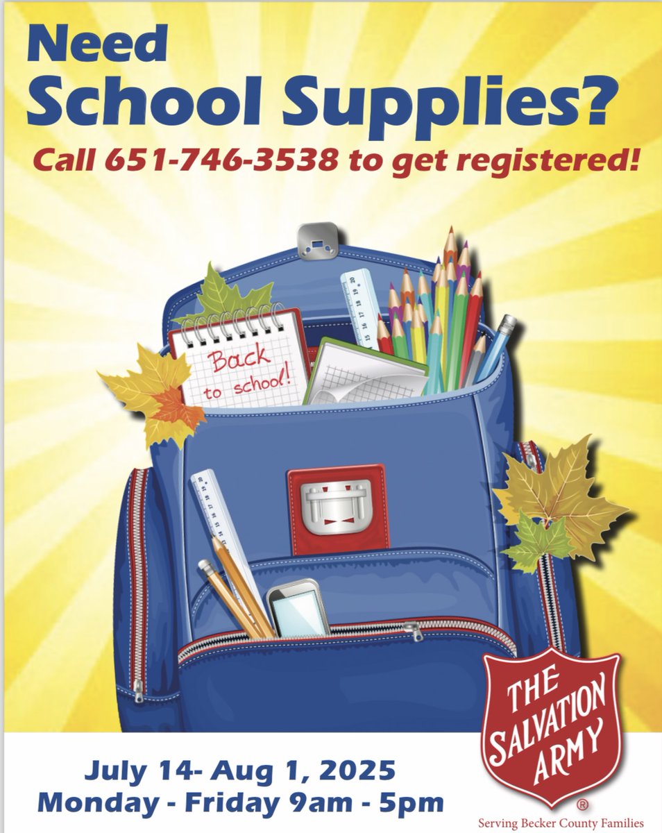 Need School Supplies?

The Salvation Army is offering assistance to families who need a helping hand. To register for supplies, call 651-746-3538. Registration runs from July 14 to August 1. Monday through Friday, 8:00 am to 5:00 pm.