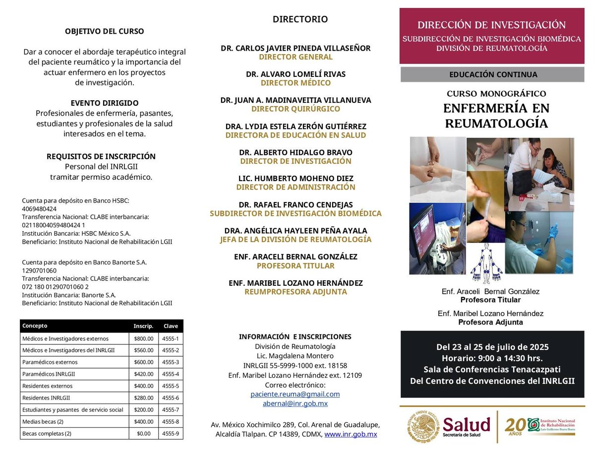 ColMexReuma (@colmexreuma) on Twitter photo Primer Curso Monográfico "Enfermería en Reumatología"
Fechas: Del 23 al 25 de julio de 2025
Sede: Instalaciones del Instituto Nacional de Rehabilitación
<a href="/INR_MX/">Instituto Nacional de Rehabilitación</a> Primer Curso Monográfico "Enfermería en Reumatología"
Fechas: Del 23 al 25 de julio de 2025
Sede: Instalaciones del Instituto Nacional de Rehabilitación
<a href="/INR_MX/">Instituto Nacional de Rehabilitación</a>