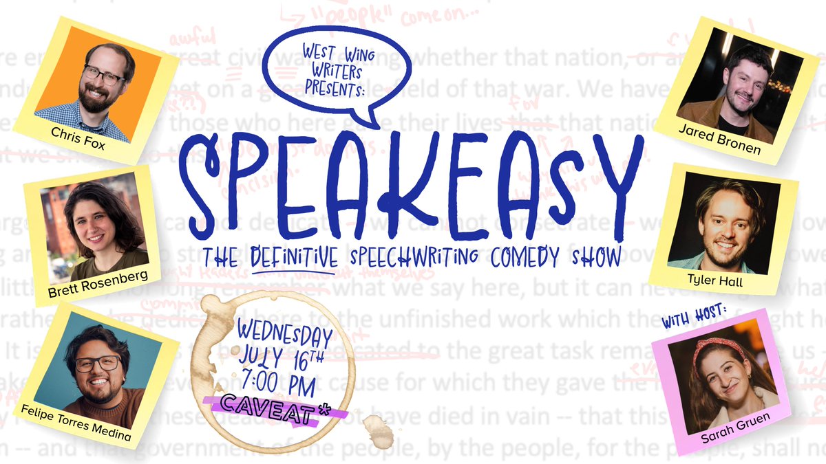 WestWingWriters's tweet photo. Just over a week until our next SPEAKEASY! Come for the popcorn at @caveatnyc; stay for our incredible lineup. Tix available at the link below! https://t.co/xKUcnqOtUS https://t.co/xfXCclTi56