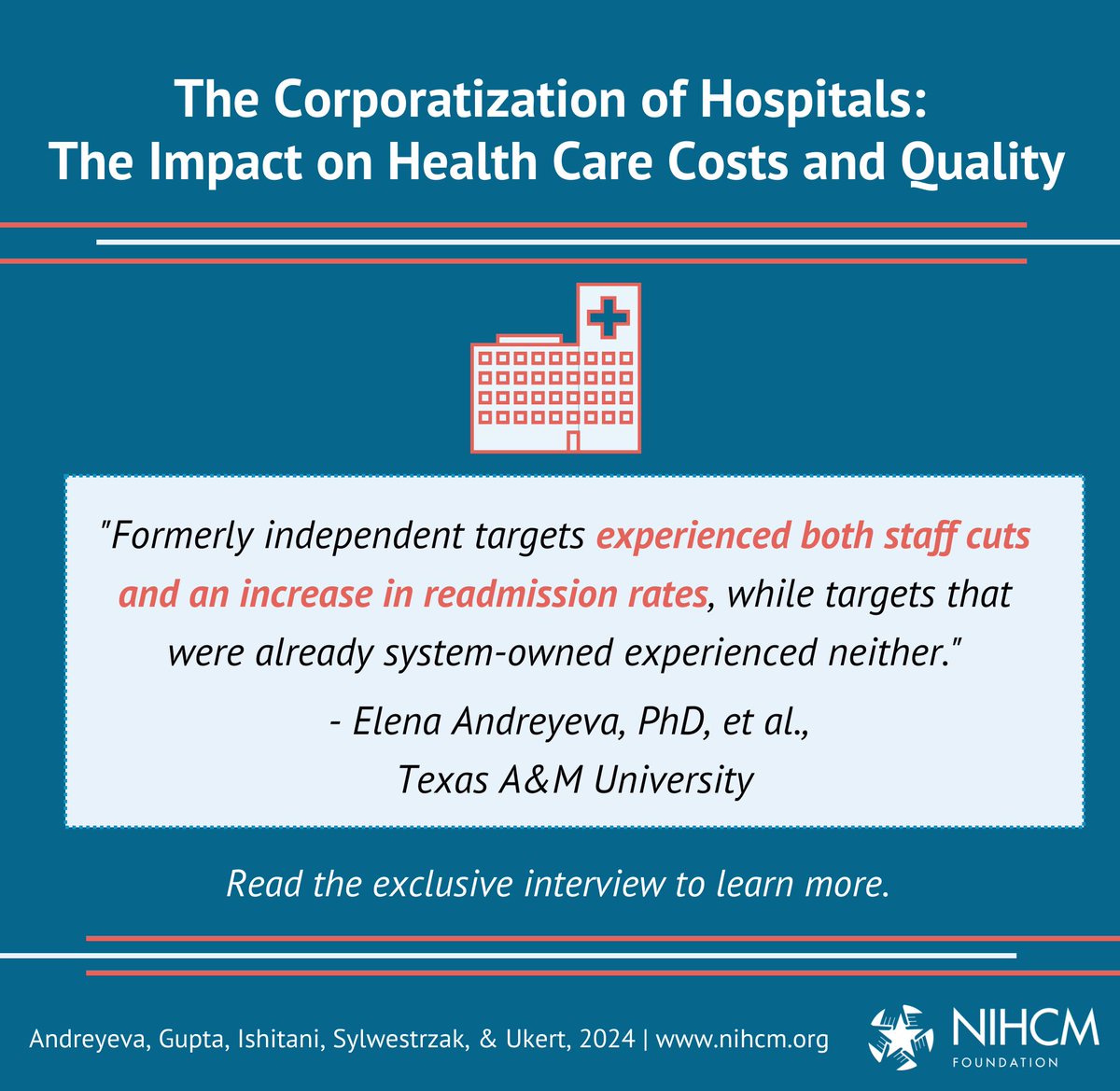 NIHCMfoundation's tweet image. NIHCM's latest Research Insights examines how cost and quality are affected by the corporatization of independent hospitals.
Read the exclusive interview with the #NIHCM Research Award Winners today: bit.ly/44j8yrP