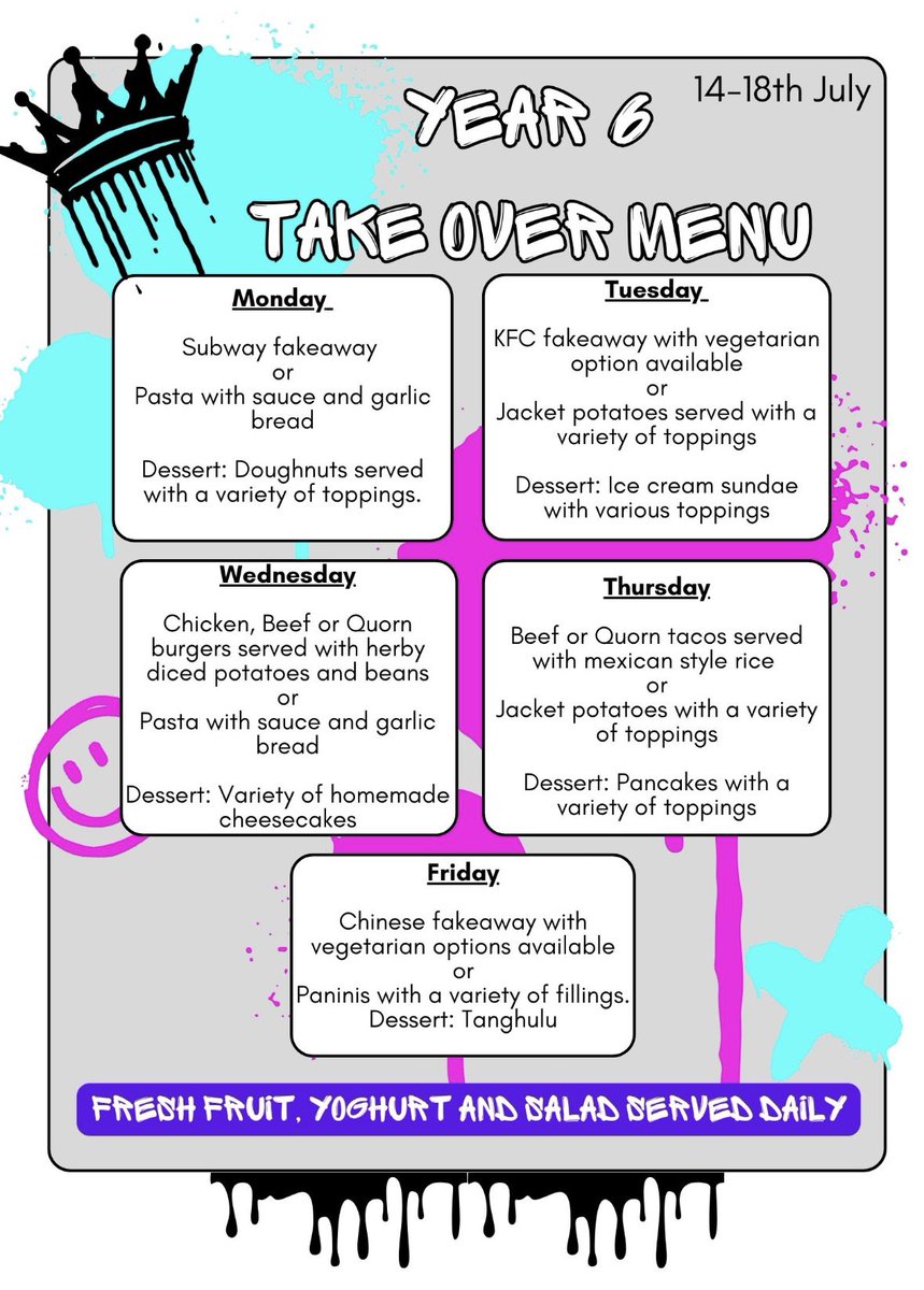 Last week at NJA so Sheryl took menu suggestions from our wonderful year 6 pupils, here’s the menu, for one week only! ⭐️
