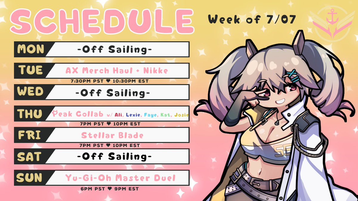 ✨💖 Schedule for Week of 7/7! 💖✨

Still recovering from conventions but excited to stream tonight! I bought a lot of Nikke stuff…