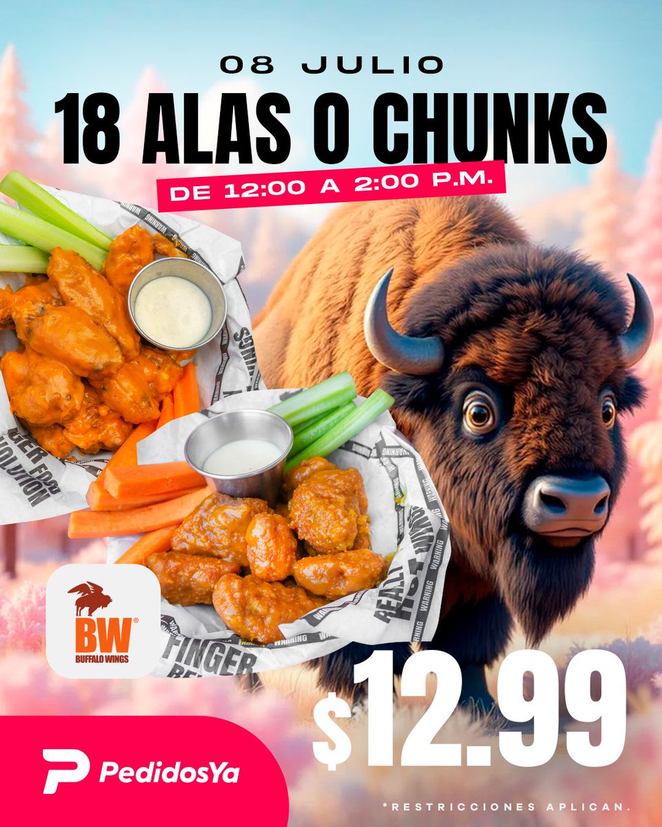 Hoy, 8 de julio, 18 alas ó chunks $12.99 al pedir únicamente a través de Pedidos Ya de 12md a 2pm. ¡Pilas y no se queden con las ganas de esta gran adicción 🫠!