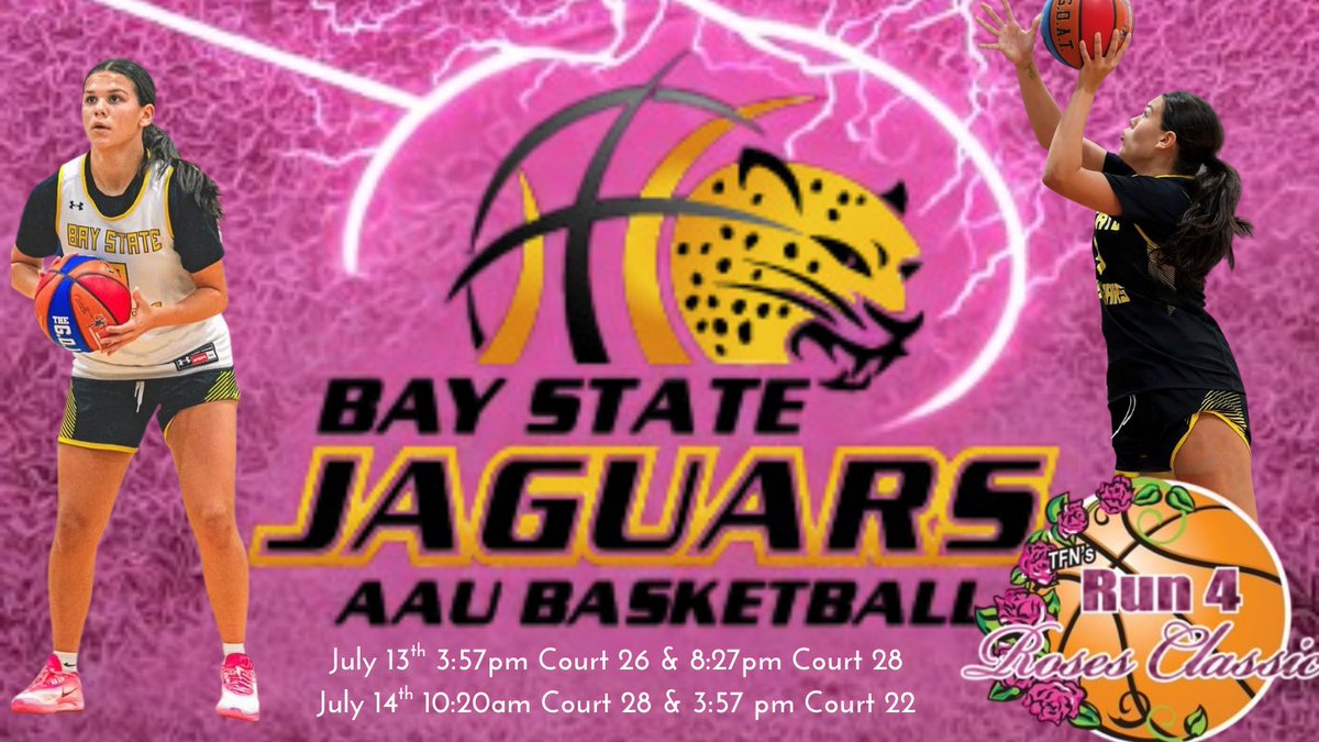 My teams schedule for Run 4 the Roses Championship - 2026 E40
July 13th 3:57 pm court 26 &amp; 8:27 pm court 28
July 14th 10:20 am court 28 &amp; 3:57 pm court 22 
<a href="/BayStateJags/">Bay State Jaguars</a> <a href="/JagsRecruiting/">Bay State Jaguars Recruiting</a> <a href="/WMAGirlsHoops/">WMA Girls Hoops</a> <a href="/CoachTyMosley/">Coach Tyreik Mosley</a> <a href="/PGHNewEngland/">Prep Girls Hoops New England</a> <a href="/GirlsHoopSeries/">Girls Hoops Series</a> <a href="/JrAllStarBB/">Jr. All-Star Girls Basketball</a> <a href="/NEPSGBCA/">NEPSGBCA</a>