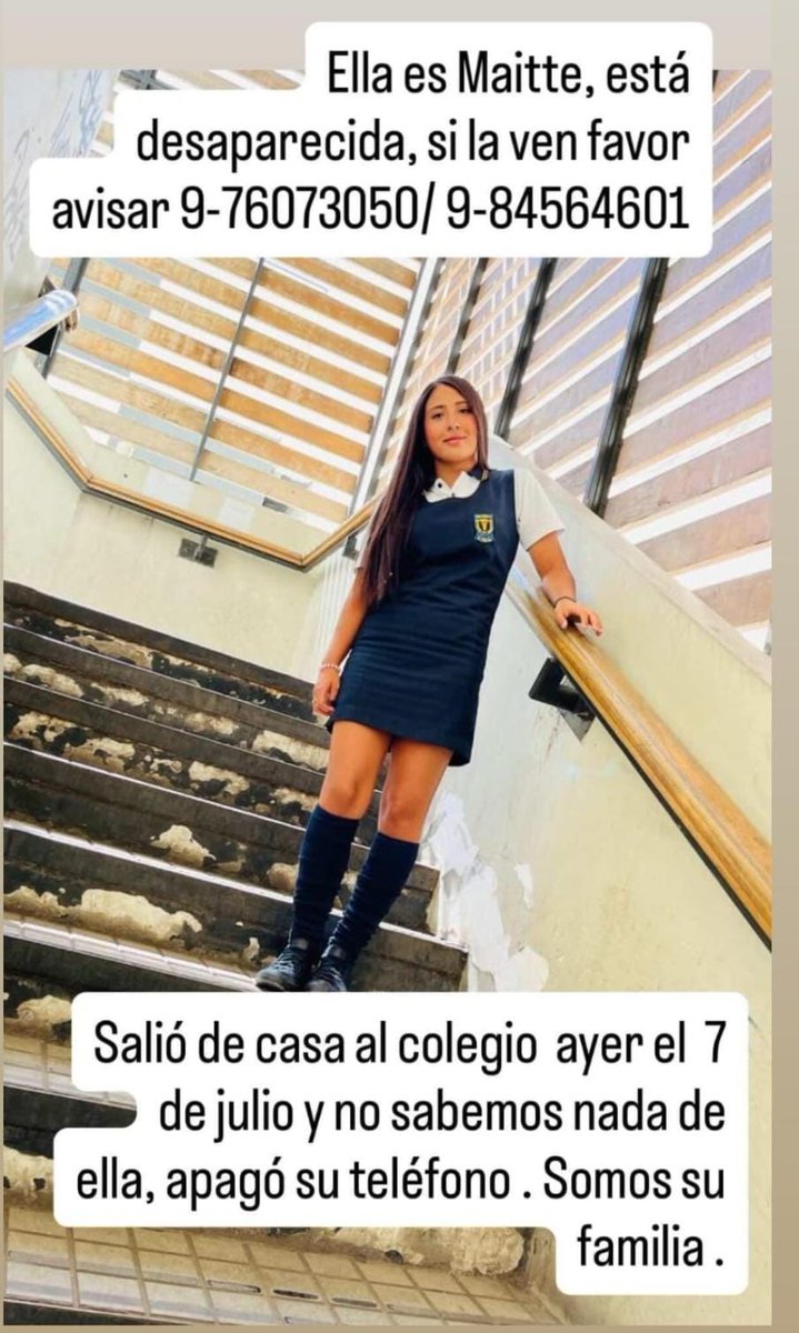 Personaschile's tweet photo. En la mañana de ayer lunes 7 de julio, Salio en dirección a su colegio ubicado en Santiago centro (insuco). Ella es de la comuna de pudahuel aun no se a sabido nada de ella... https://t.co/xUbT2BYwfd