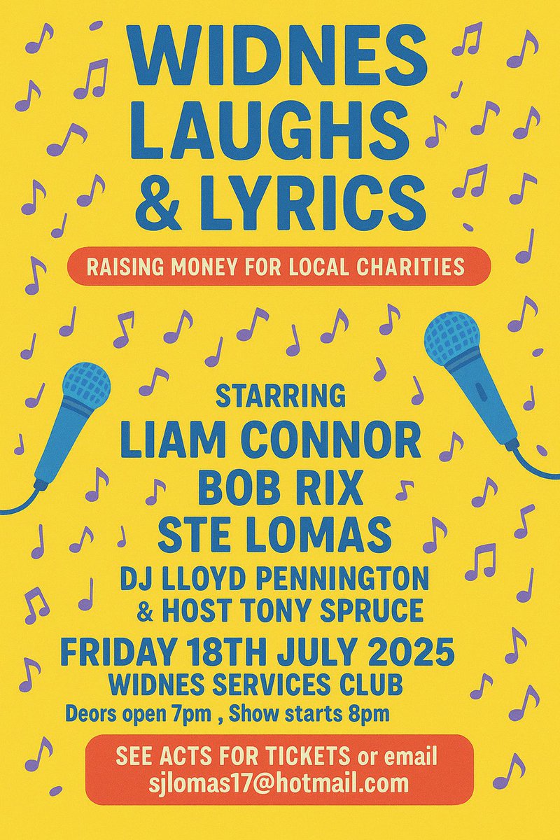 Just 10 days now until our show in Widnes to raise funds for our chosen charities. 

3 local lads giving comedy a go, a fabulous local singer and everybody's favourite mascot hosting the evening. 

Tickets are priced at £10 each, you can reply here or inbox me if interested.