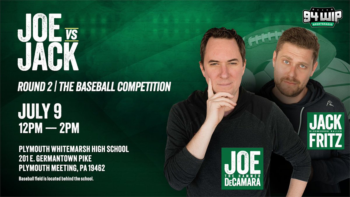 Joe (1-0) vs. Jack (0-1)  - Round 2: The Baseball Competition 

Join us as Joe DeCamara and Jack Fritz step up to the plate in a head-to-head baseball battle! 

🗓️ Tomorrow - Wednesday, July 9th
⏰ 12–2PM
📍 Plymouth Whitemarsh High School (field behind the school)
🗣️ Free to
