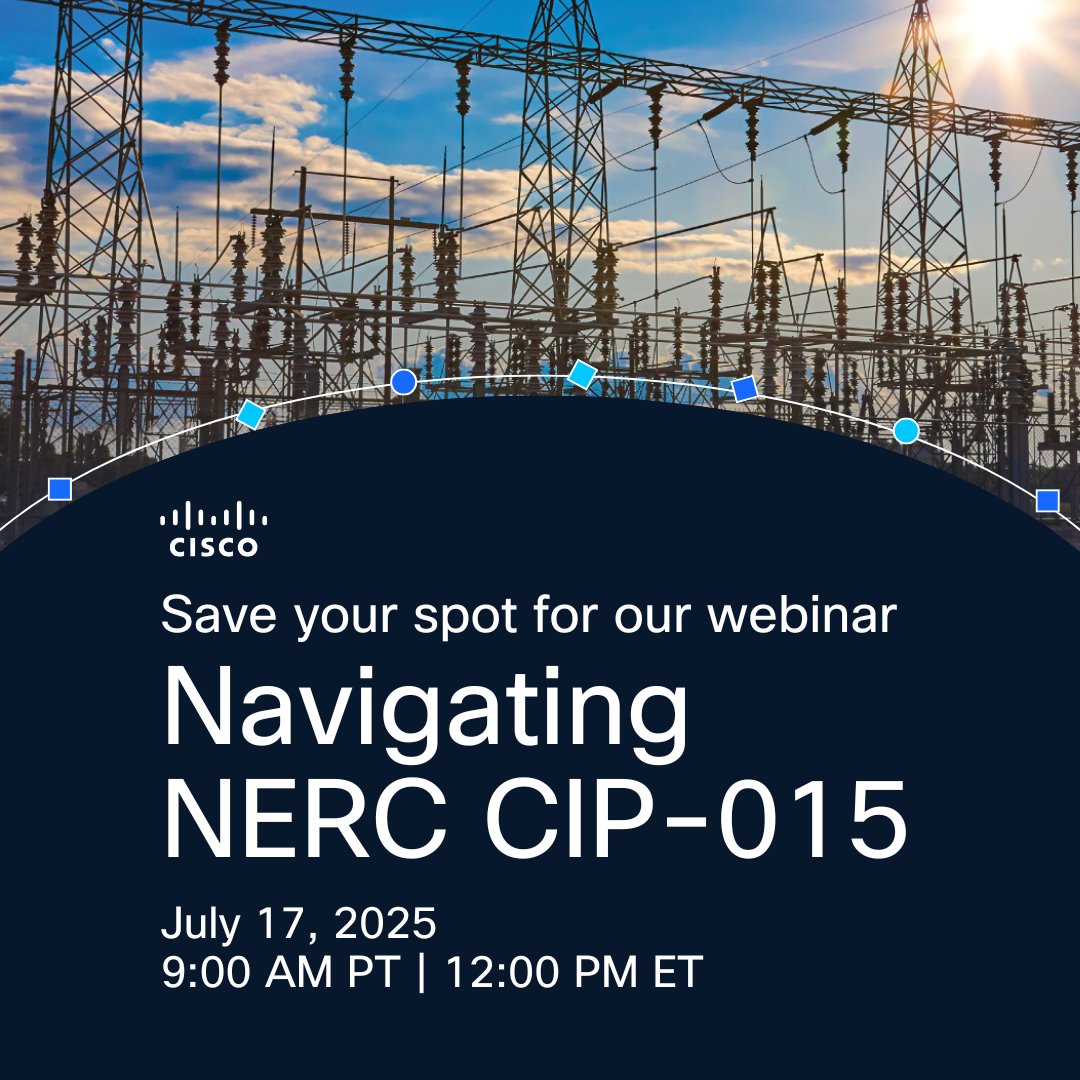 CiscoIIoT's tweet image. Join Cisco, Burns & McDonnell, and 1898 & Co. for a webinar designed to help power utilities navigate the new NERC CIP mandate.
📅 July 17, 2025
🕘 9:00 AM PT | 12:00 PM ET
Register now:
cs.co/60184sR1M
#SmartUtilities #Utilities