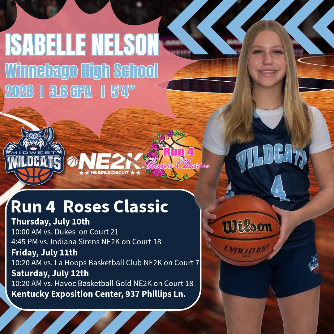 Isabelle Nelson, 2028, will be playing in the NE2K circuit in Louisville this weekend. Isabelle and 2028-Morris will tip off at 10:00 AM on Thursday, July 10th. Good luck, Isabelle!
