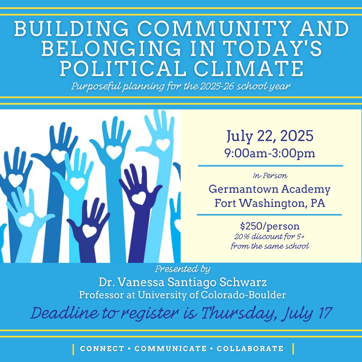 Navigate the threats to DEI this school year and build a stronger school community. Register for the July 22 in-person PAIS program at Germantown Academy, presented by Dr. Vanessa Santiago Schwarz, Professor at University of CO, Boulder. Visit pais.memberclicks.net/communitiestru… to register.