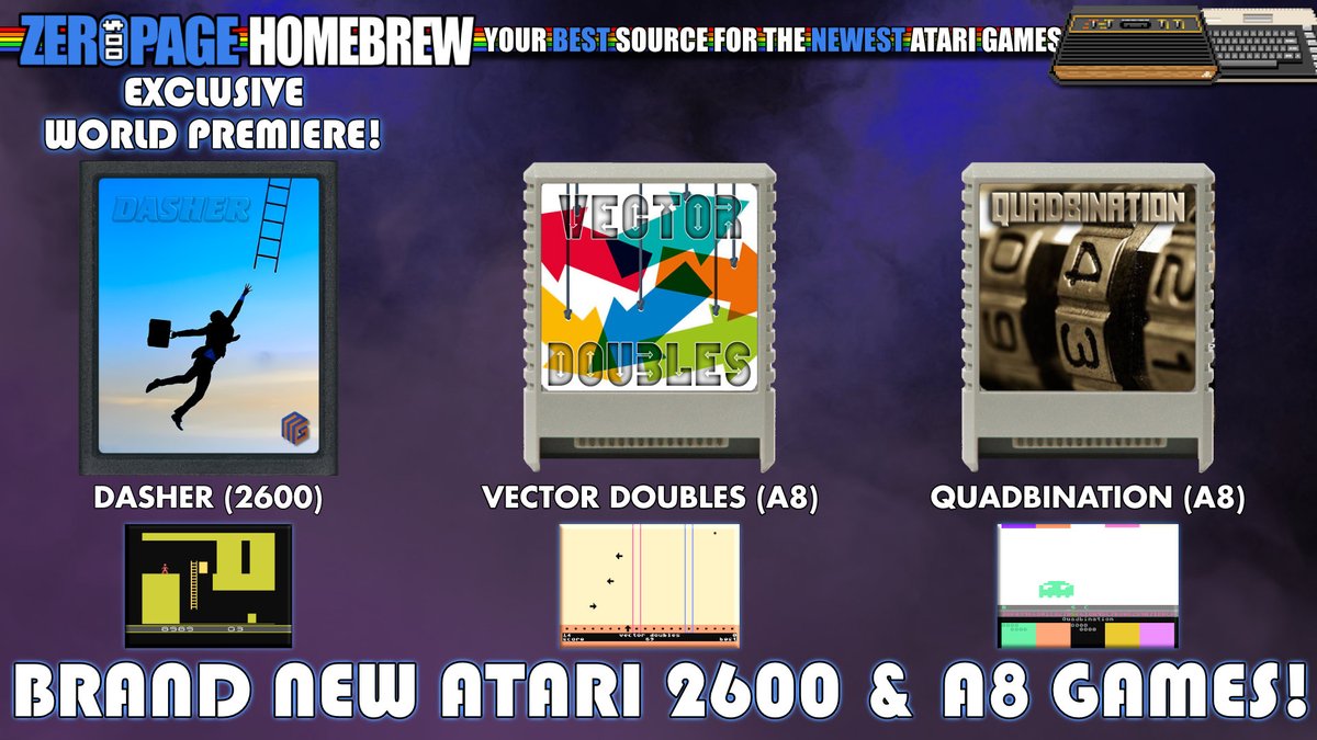 zeropagehomebre's tweet image. EXCLUSIVE WORLD PREMIERE of Maximus Games (Drone Patrol, Cave-In, Death Merchant) new #atari2600 homebrew Dasher TONIGHT on ZPH livestream!
Tue Jul 8, 2025 | LIVE @ 6PM PT | 9PM ET
WATCH LIVE: twitch.tv/zeropagehomebr…