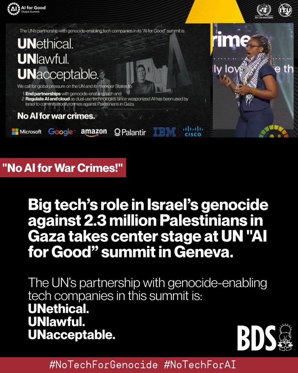 BDS movement (@bdsmovement) on Twitter photo Big tech’s role in Israel’s genocide against 2.3M Palestinians in Gaza takes center stage at UN "AI for Good” summit in Geneva.
Dr. Abeba Birhane (<a href="/Abebab/">Abeba Birhane</a>), a leading responsible AI and AI ethics researcher, calls out big tech’s complicity in war crimes.
#NoTechForGenocide Big tech’s role in Israel’s genocide against 2.3M Palestinians in Gaza takes center stage at UN "AI for Good” summit in Geneva.
Dr. Abeba Birhane (<a href="/Abebab/">Abeba Birhane</a>), a leading responsible AI and AI ethics researcher, calls out big tech’s complicity in war crimes.
#NoTechForGenocide