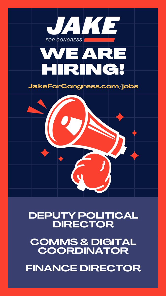 UPDATED LINK: 
Our team is growing! We’re looking for some amazing people who are ready for to fight for a new voice in CA-32, to challenge the status quo and elect a new generation of Democrat to Congress!   Apply at jakeforcongress.com/jobs