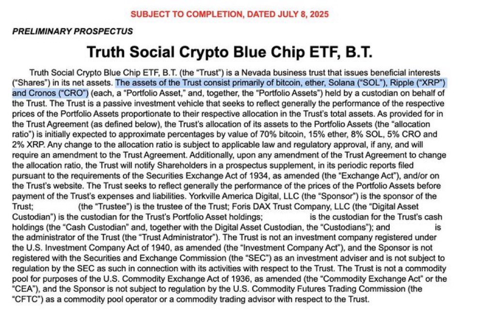 #BREAKING Trump’s Truth Social files for a Crypto Blue Chip ETF — #XRP listed alongside BTC, ETH, and SOL.

A major institutional signal for XRP.