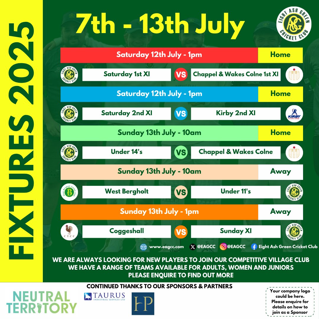 Second week of July, and that means Cricket Week is only 10 days away! 🙌
.
Until then, we still have plenty of fixtures across all teams to play! 🏏
.
#EAGCC #EightAshGreenCricketClub #EightAshGreen #ComeOnTheGreen