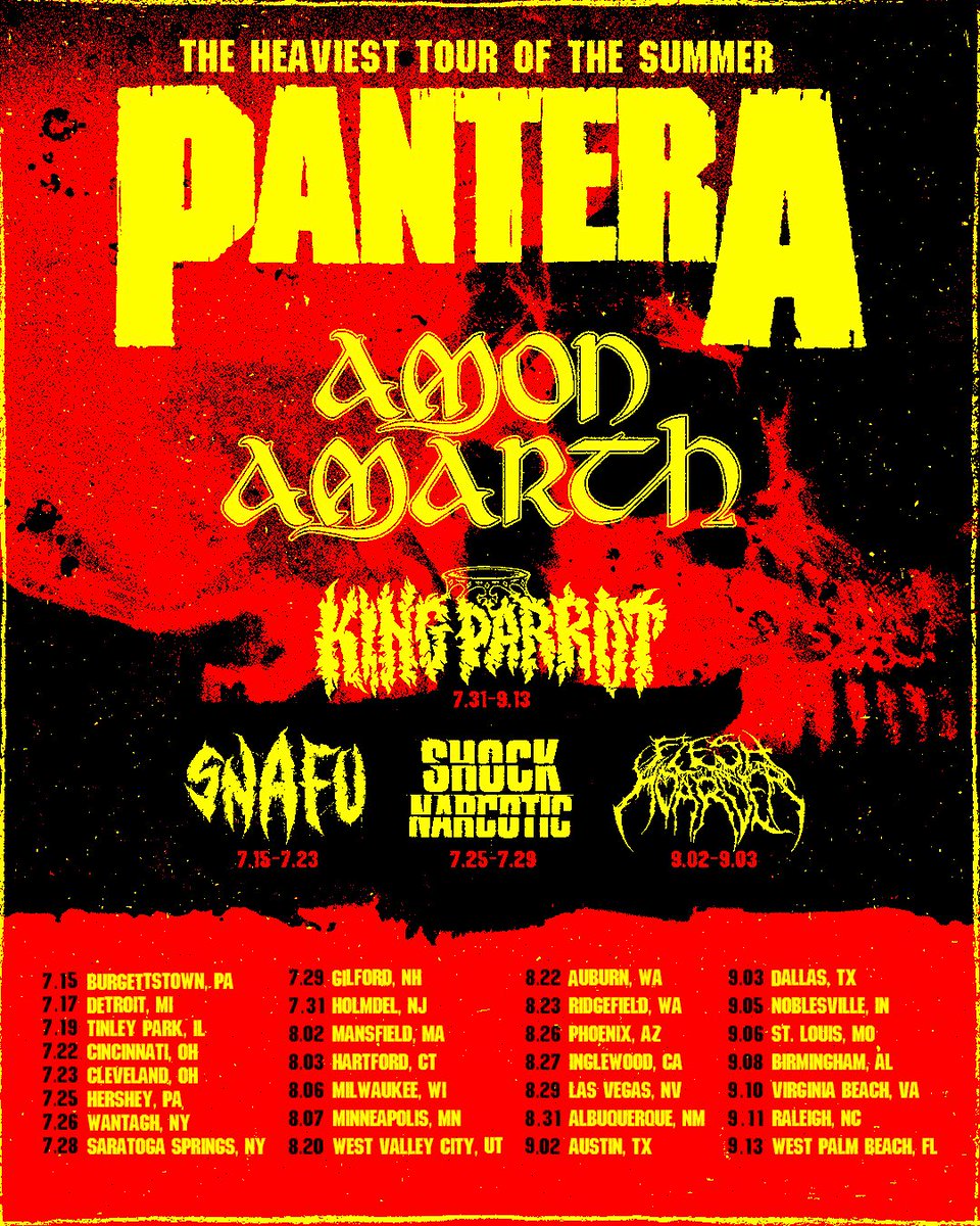 Pantera's tweet image. Grab some of our Heaviest Tour of the Summer merch in the official shop now! 🔥 panterastore.com
These designs + more options will be available on the road starting next week! Where will we see you?👇